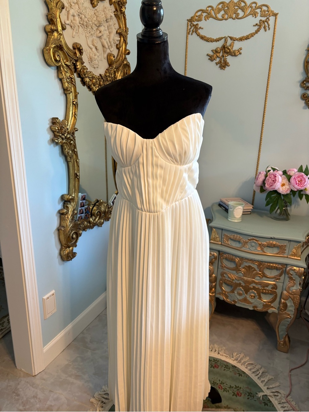 House of CB Strapless Pleated Cream Maxi Dress